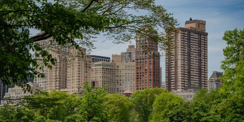 Central Park skyline view with trees, lake, and Manhattan buildings