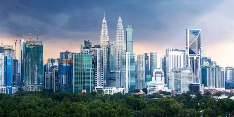 Close-up of the Petronas Towers skybridge connecting the two iconic skyscrapers